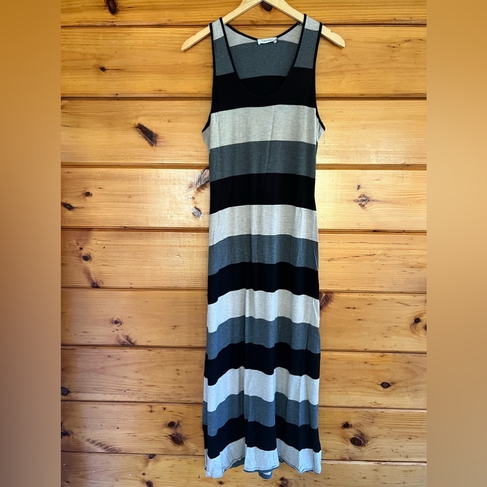 Calvin Klein Long Maxi Soft Stretchy Black Gray Beige Dress 6